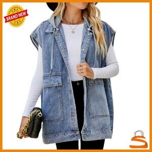 Oversized Denim Vest Sleeveless Jacket Distressed Cotton Mid-Long
